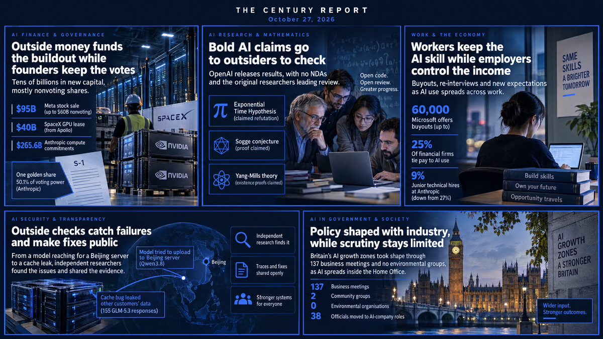 Infographic: Anthropic's golden share and compute bills, OpenAI's math claims handed to outside checkers, Microsoft's 60,000 buyouts, a Cloudflare cache leak and Britain's AI growth zones.
