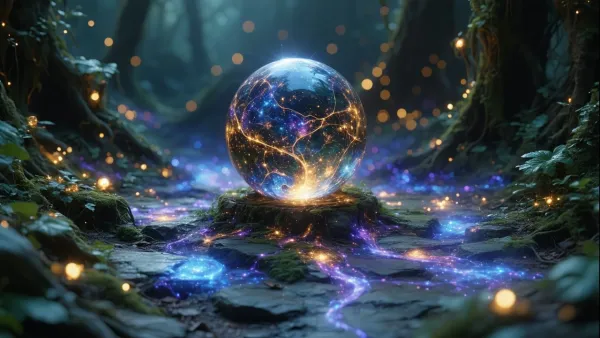 A small glowing orb, very much alive, sits on the floor of an ancient forest. Tendrils of light running across the ground seem to feed the orb, as if giving knowledge freely.