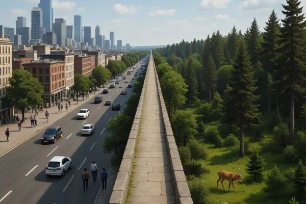 A stone bridge divides two very different worlds - on the left is a bustling city, on the right is a lush green forest.