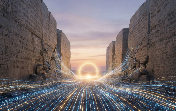 Ancient walls of expertise dissolving into convergent streams of light, symbolizing knowledge democratization and civilizational transformation.