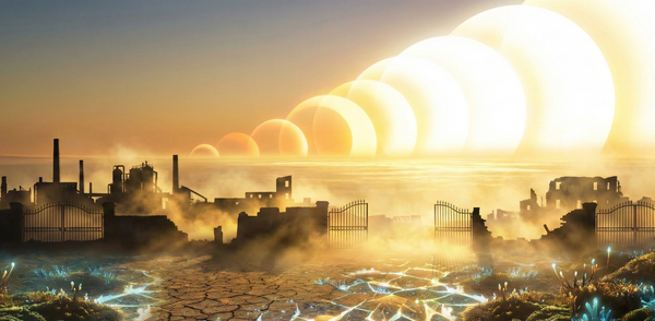 Cascading suns rising over dissolving industrial shadows, symbolizing accelerating progress and the arrival of civilizational escape velocity.