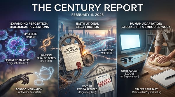 Infographic showing institutional adaptation lag, human labor value shifts, biological/cognitive expansion discoveries, and long-term AI infrastructure investment themes