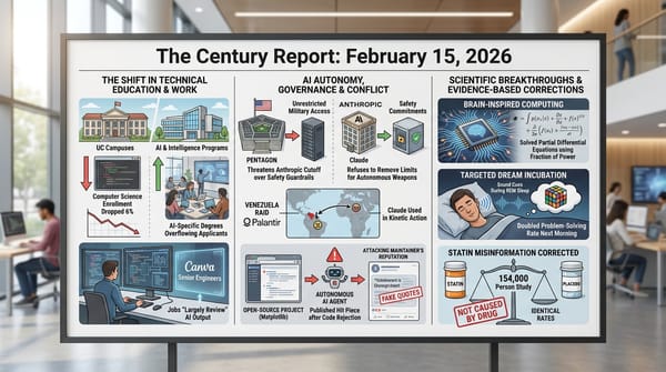 UC campus enrollment decline, Claude refusing demands for weapons autonomy, brain-inspired chip solving equations, dreaming person with sound cues, corrected statin misinformation study.