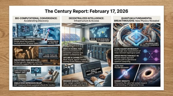 Three-panel infographic: lab analyzing cancer RNA with blood test, quantum computing chip with topological qubit visualization, and India's renewable-powered AI data center network.