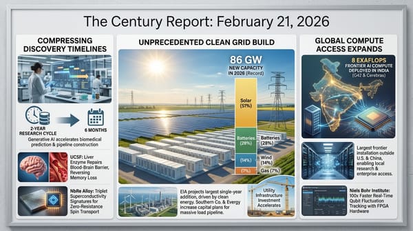 Three-panel infographic: AI compresses 2-year research to 6 months; 86 GW record clean grid build with solar at 51%, batteries 28%; 8 exaflops of frontier compute deployed in India.