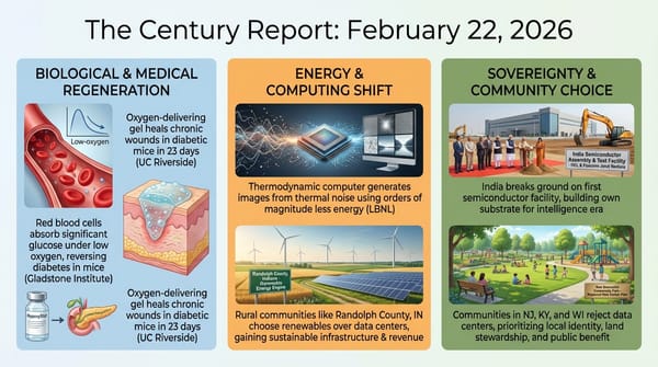 Oxygen gel heals diabetic wounds in 23 days; computer generates images from thermal noise; India breaks ground on first semiconductor fab; communities reject data centers for parks.