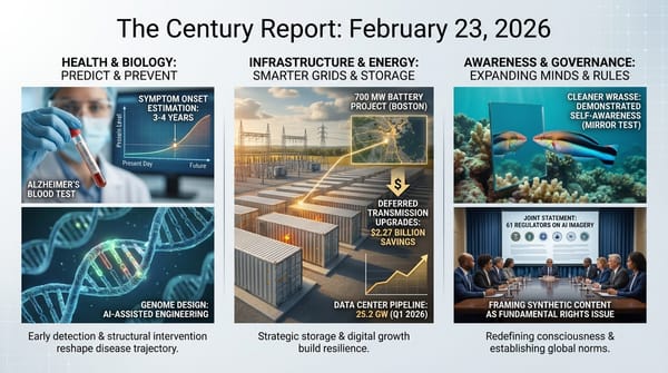 3-panel Infographic: Alzheimer's blood test predicts onset 3-4 years out; AI-assisted genome design; 700 MW Boston battery defers $2.27B in upgrades; 61 regulators address AI imagery rights.