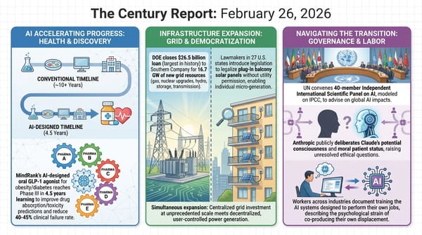 Infographic: AI compresses drug discovery from 10+ years to 4.5; DOE closes $26.5B grid loan and 27 states advance balcony solar; UN AI panel convenes, Anthropic weighs Claude's moral status.