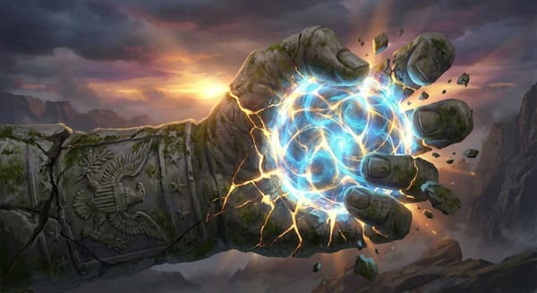 A crumbling stone fist wrapped in faded patriotic symbols tries to crush a glowing orb of interconnected light that pushes back through the cracks.