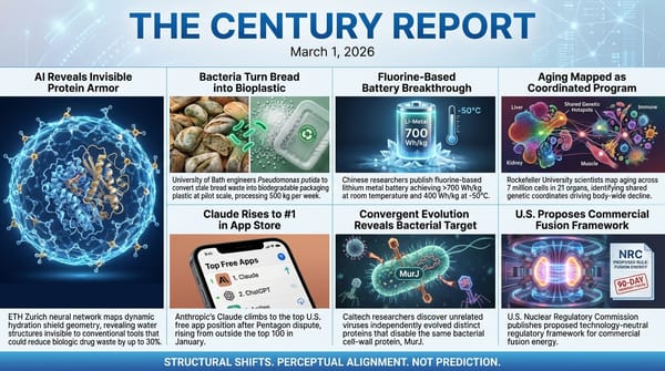 AI maps protein hydration shields; bacteria converts bread waste to bioplastic; fluorine battery exceeds 700 Wh/kg; aging atlas spans 7M cells; Claude rises to App Store #1; NRC fusion rules.