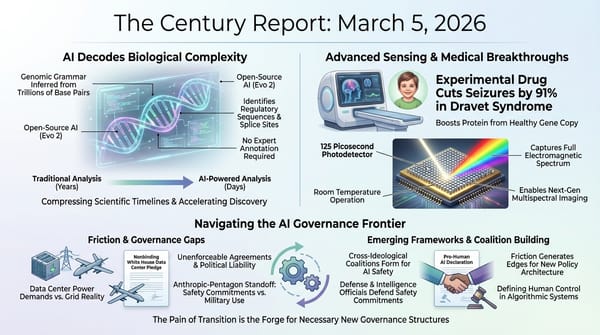 Infographic: Evo 2 decodes genomic grammar; Dravet drug cuts seizures 91%; 125-ps detector captures full spectrum; White House data center pledge; Anthropic-Pentagon deepens.