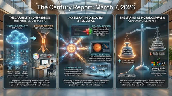 Infographic: AI capability vs. adoption gap; Claude finds 22 Firefox vulnerabilities; fruit fly brain emulation drives simulated body; consumer market rewards Anthropic safety commitments.