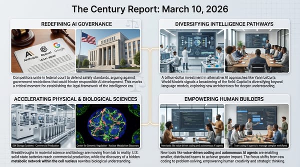 Infographic: AI governance legal battle with Anthropic, OpenAI, and Google logos; AMI Labs world model research; ION solid-state battery production; nuclear metabolic enzyme discovery.