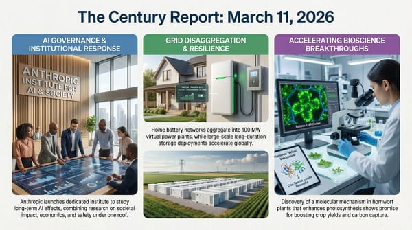 Infographic: Anthropic Institute for AI and Society launch; home battery networks aggregating into 100 MW virtual power plants; hornwort photosynthesis mechanism transferable to crop species.