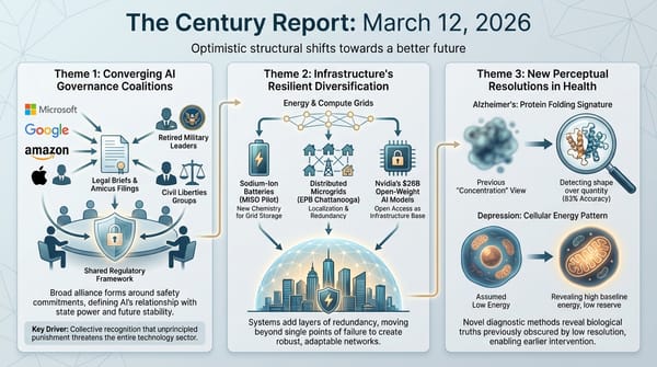 Big Tech coalition filing for Anthropic; sodium-ion and microgrid battery deployments diversifying the grid; protein folding and cellular energy patterns revealing Alzheimer's and depression.