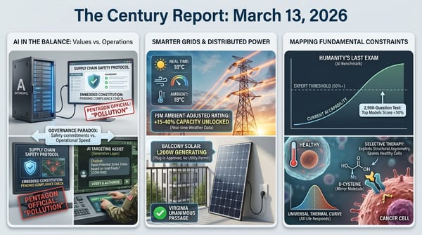 Pentagon-Anthropic governance clash; PJM ambient grid ratings unlocking 15-40% capacity and Virginia balcony solar passing unanimously; Humanity's Last Exam; D-cysteine cancer therapy.