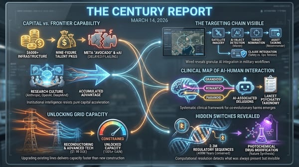 Meta and xAI capital vs. capability gap; DOE $1.9B grid reconductoring and light-powered drug modification; Palantir Maven AI targeting and Lancet Psychiatry AI-associated delusions.
