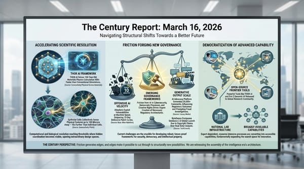 Infographic: THOR AI 400x faster materials physics; epithelial cells sensing 100 microns; AI governance scales of justice; open-source frontier tools releasing to global research community.