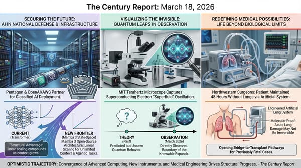Pentagon-OpenAI-AWS AI defense partnership; Mamba 3 open-source architecture surpassing Transformers; MIT terahertz quantum microscope; Northwestern 48-hour artificial lung survival.