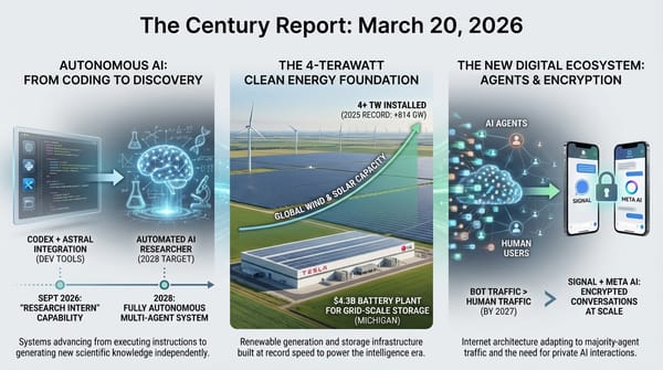 Autonomous AI researcher from Codex in 2028; wind and solar capacity crossing 4 TW with Tesla-LG $4.3B battery plant; AI agents and encrypted conversations reshaping internet architecture.