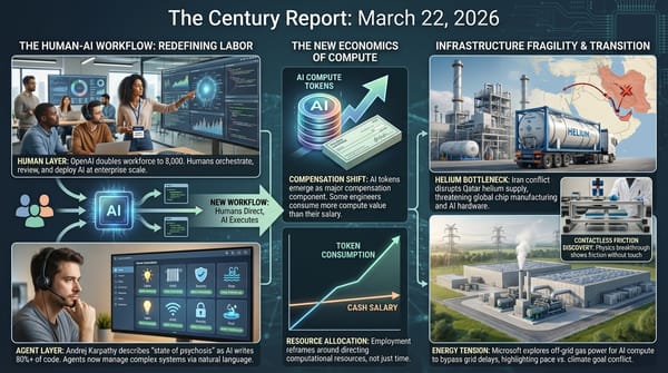 Infographic: OpenAI workforce doubling; AI agent coding workflows; AI compute tokens as compensation; helium supply disruption; Microsoft off-grid data centers contactless friction discovery.