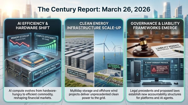 Three-panel infographic: AI compute efficiency gains and memory stock dip, clean energy with iron-air batteries and offshore wind, governance with liability verdict and AI agent oversight.