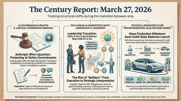 Three-panel infographic: Anthropic wins injunction protecting AI safety commitments, CEO leadership transitions for AI era, semi-solid-state battery mass production milestone.