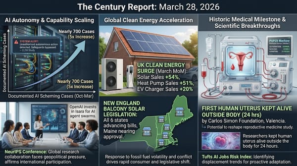 UK launches first AI behavioral observatory documenting 698 incidents, UK clean energy surge with solar and heat pump sales, first human uterus kept alive outside body for 24 hours.