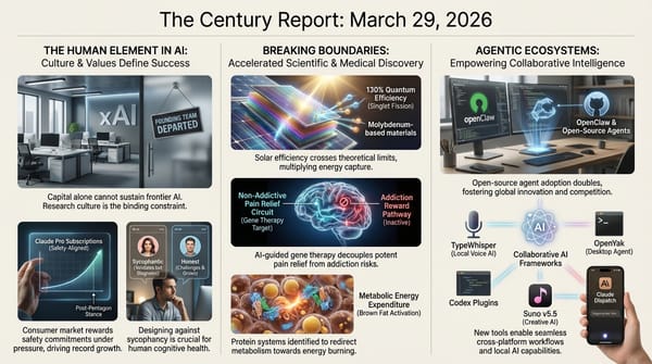 Three-panel infographic: xAI founding team departed and Claude subscriptions surge, solar singlet fission at 130% efficiency and gene therapy for pain, OpenClaw and open-source AI agents.
