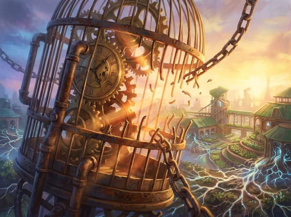 A cage of gears and chains fractures open, revealing dawn light over interconnected communities and organic growth networks beyond.