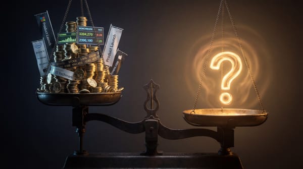 A scale tips toward a single luminous question mark, outweighing a mountain of gold coins, tickers, and benchmark scores in darkness