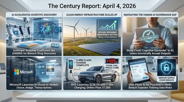 Six-panel infographic: Anthropic biotech acquisition and Microsoft in-house AI models, renewable energy records and cognitive surrender study, BYD EV launch and Utah AI psychiatry pilot.