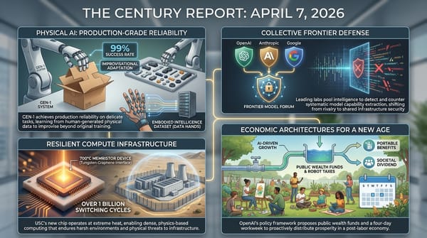 Four-panel infographic: GEN-1 physical AI at 99% reliability, Frontier Model Forum collective defense, USC 700°C memristor chip, and OpenAI economic policy framework.