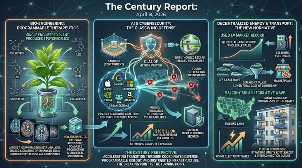 Three-panel infographic: Anthropic Project Glasswing cybersecurity coalition, engineered plant producing five psychedelics, and used EV and balcony solar market growth.
