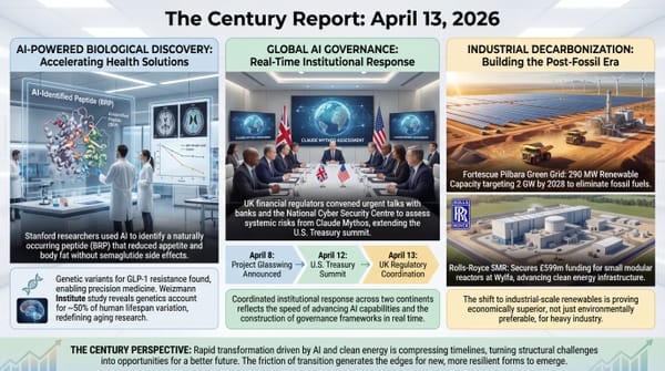 Four-panel infographic: Stanford AI discovers BRP appetite peptide, Weizmann lifespan genetics study, Rolls-Royce SMR funding at Wylfa, Fortescue Pilbara green grid acceleration.