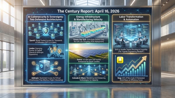 Three-panel infographic: AI cybersecurity with OpenAI broad access and Anthropic restricted deployment, energy infrastructure with batteries and solar, labor transformation with Snap layoffs.