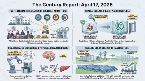 Four-panel infographic: White House distributing Claude Mythos to federal agencies, Opus 4.7 staged release architecture, robot and biomedical breakthroughs, grid battery and solar scaling.