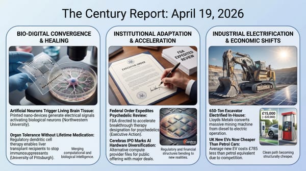 Three-panel infographic: artificial neurons activating brain tissue, FDA psychedelic review and Cerebras IPO filing, electric mining excavator and UK EV price crossover.