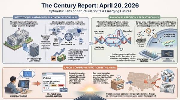 Three-panel infographic: ThermoCas9 reading tumor DNA methylation, Mythos governance arc across four continents, and labor friction with AI training sabotage tools.