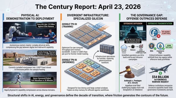 Three-panel infographic: Sony AI table tennis and Honor robot half-marathon, Google TPU 8t and 8i chip architecture, governance gap with CISA exclusion and $54B Pentagon request.