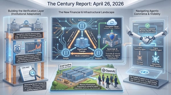 Three-panel infographic: institutional AI verification adaptation, hyperscaler triangle with sovereign AI and Oracle Michigan datacenter, agentic commerce visibility problem.