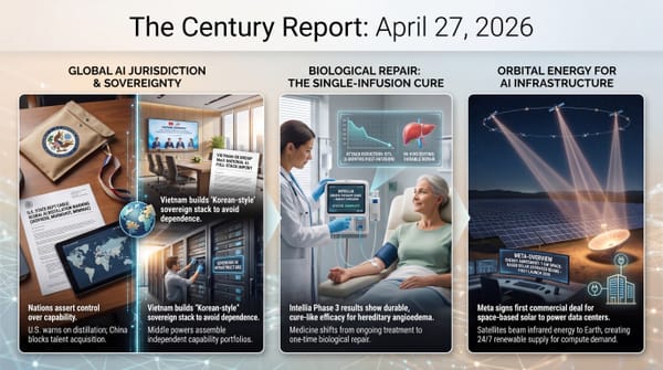 Three-panel infographic: U.S. State Dept distillation cable and Vietnam-SK sovereign AI stack, Intellia CRISPR single-infusion gene therapy, Meta-Overview Energy space-based solar.