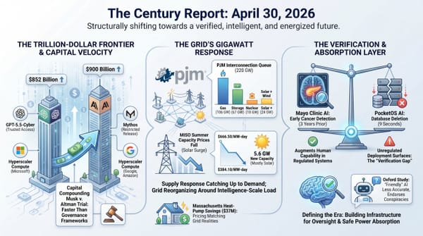Three-panel infographic: Anthropic $900B and OpenAI $852B valuations, PJM 220 GW queue and MISO capacity prices falling, Mayo Clinic cancer AI and PocketOS database deletion.