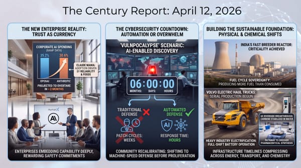 Anthropic surging in enterprise AI spending, cybersecurity Vulnpocalypse six-month warning, India fast breeder reactor criticality, Volvo electric haul trucks in production.