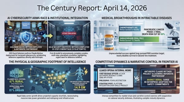Three-column infographic: Goldman Sachs Mythos deployment and OpenAI-Anthropic rivalry, pancreatic cancer pill and quantum superatoms, PJM 14.9 GW grid procurement and rural data centers.