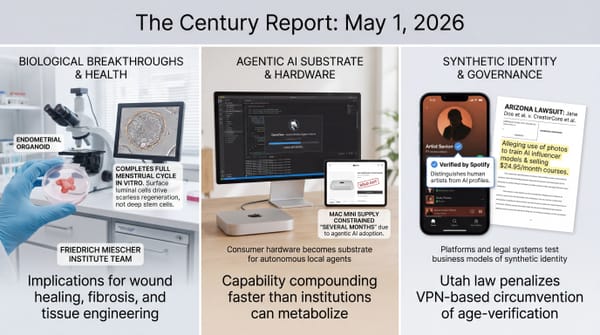 Three-panel infographic: Friedrich Miescher endometrial organoid completes menstrual cycle in vitro, Mac Mini sold out from OpenClaw demand, Spotify Verified badge and Arizona AI lawsuit.