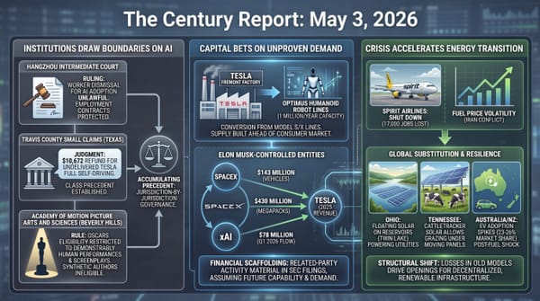 Three-panel infographic: courts in Hangzhou, Texas, and Beverly Hills draw AI boundaries; Tesla's $573M related-party flows and Optimus factory; Spirit shutdown amid renewable acceleration.