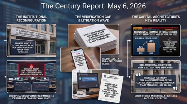 Three-panel infographic: Commerce frontier AI pre-deployment testing and NERC Level 3 grid alert, Meta Llama and Apple Siri lawsuits, FSB private credit warning and Musk v. Altman trial.