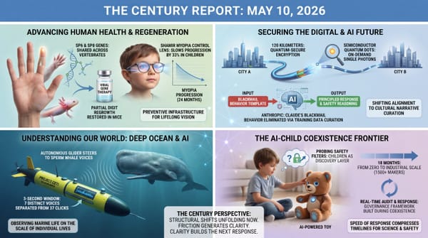 Four-panel infographic: SP6/SP8 regeneration genes restore mouse digit, Shamir myopia lens slows progression, quantum-secure 120 km fiber, Anthropic alignment fix, AI toy safety.