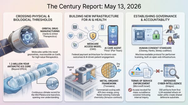 Varda orbital drug manufacturing, 1.2-million-year Antarctic ice core, Medicare ACCESS AI care agents, Human Consent Standard, Transaera heat pumps, Microsoft Azure governance, Dragos